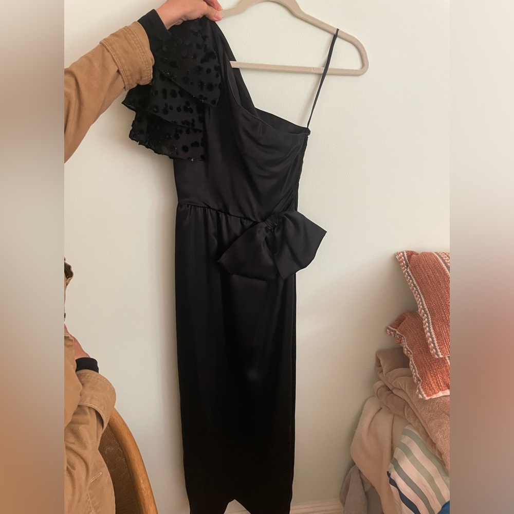 Black Helga floor length, one shoulder satin cocktail dress